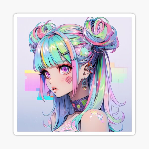 Vista previa del artículo con la obra «Bonita chica de anime en colores pastel del arco iris», diseñado y vendido por bubblegoth.