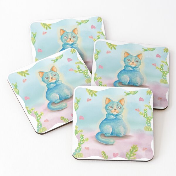 Item preview, Blue cat cartoon with green cactus  designed and sold by NakeeNakaa.