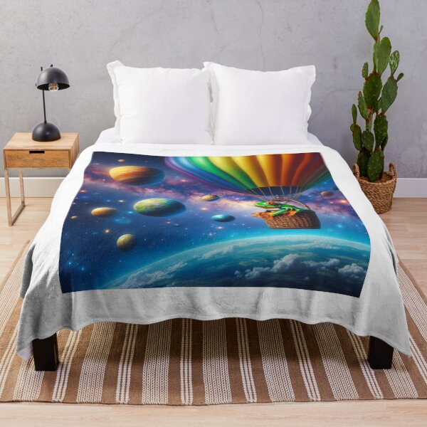 Item preview, Image (3) of a frog riding in a colorful hot air balloon flying through space past the planets. designed and sold by fredgarden8.