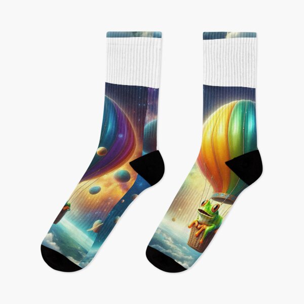 Item preview, Image (4) of a frog riding in a colorful hot air balloon flying through space past the planets.    designed and sold by fredgarden8.