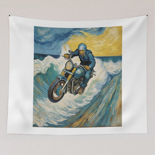 Item preview, "Oceanic Thrill: Motorbike Soaring Over Waves" designed and sold by Artisticanvas.