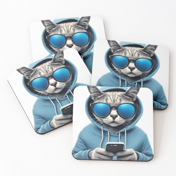 Item preview, Cat in Blue Hoodie and Sunglasses texting designed and sold by Javamba.