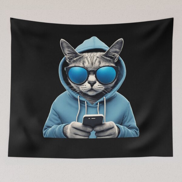 Item preview, Cat in Blue Hoodie and Sunglasses texting designed and sold by Javamba.