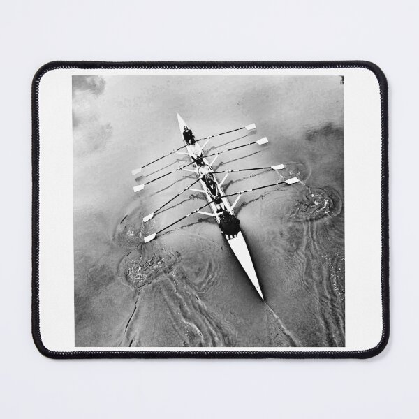 Item preview, Rowing Team in Action on Calm Waters - Aerial Black and White Photography designed and sold by Michael van der Hoorn.