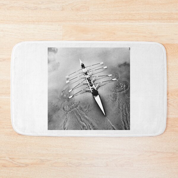 Item preview, Rowing Team in Action on Calm Waters - Aerial Black and White Photography designed and sold by Michael van der Hoorn.