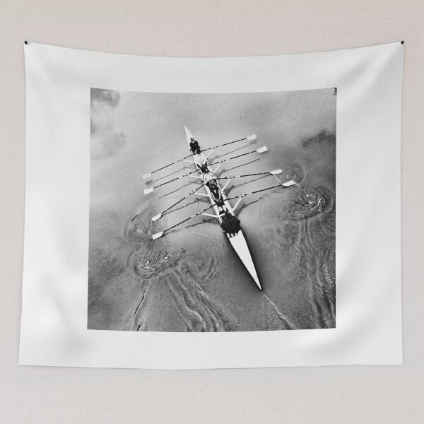 Item preview, Rowing Team in Action on Calm Waters - Aerial Black and White Photography designed and sold by Michael van der Hoorn.