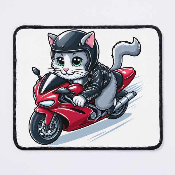 Item preview, cartoon of a cat wearing a leather jacket and helmet riding a superbike designed and sold by MzulhilmiZam.