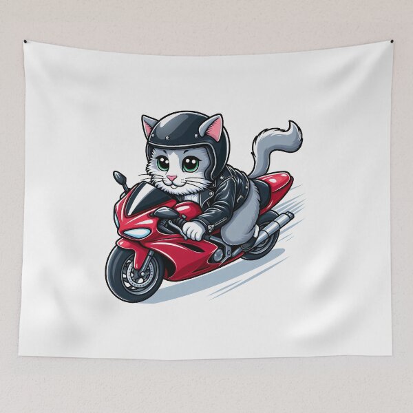 Item preview, cartoon of a cat wearing a leather jacket and helmet riding a superbike designed and sold by MzulhilmiZam.