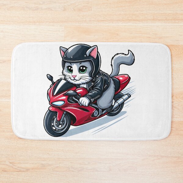 Item preview, cartoon of a cat wearing a leather jacket and helmet riding a superbike designed and sold by MzulhilmiZam.