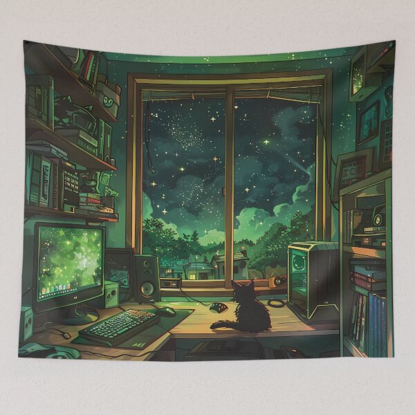 Item preview, Lofi Gamer Room: Cozy Design with Plants, Lofi Cat, Gaming PC & Books designed and sold by KWorldDesigns.