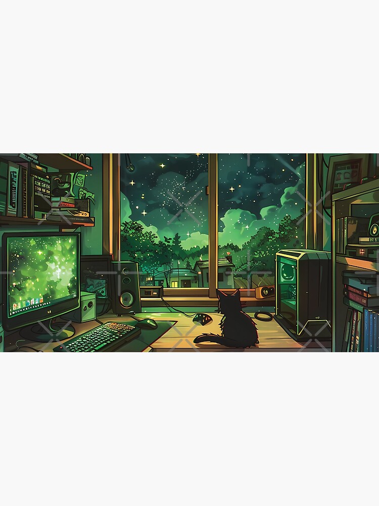 Aperçu 5 sur 5. Tapis de souris avec l'œuvre Lofi Gamer Room : design cosy avec plantes, chat Lofi, PC de jeu et livres créée et vendue par KWorldDesigns.