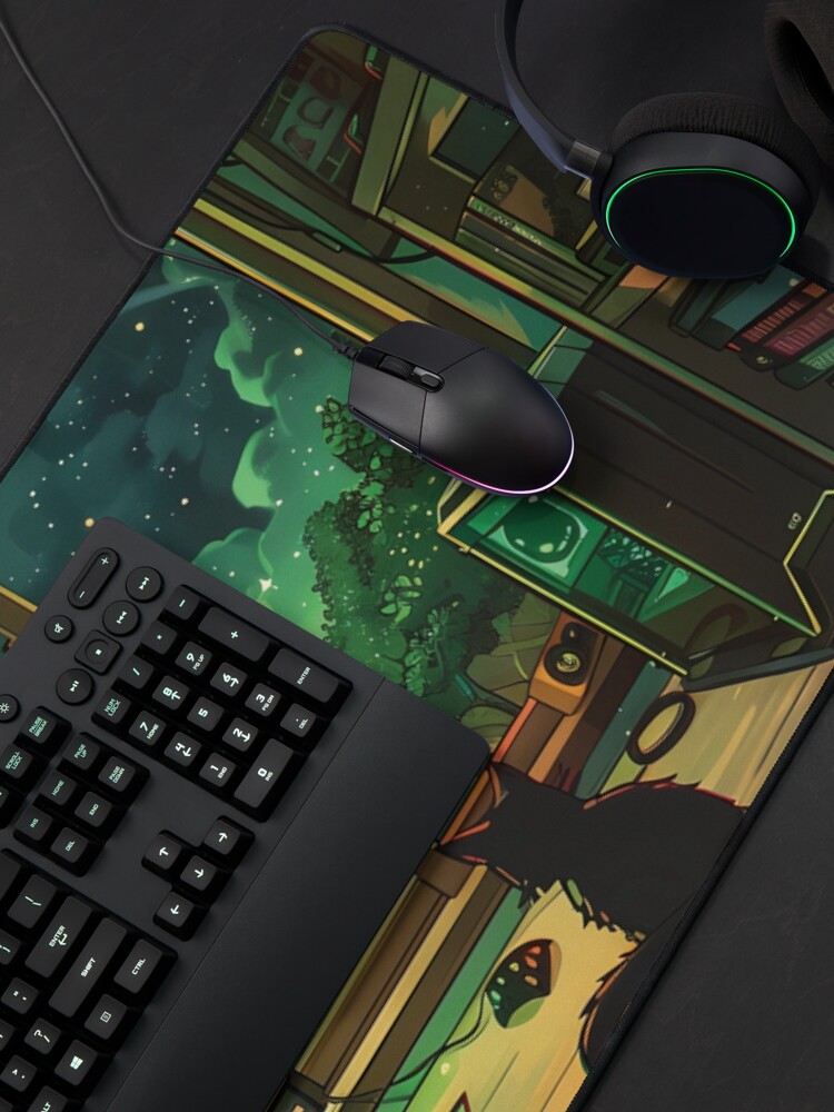 Aperçu 4 sur 5. Tapis de souris avec l'œuvre Lofi Gamer Room : design cosy avec plantes, chat Lofi, PC de jeu et livres créée et vendue par KWorldDesigns.