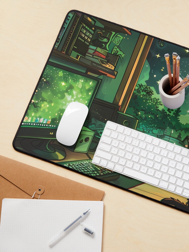 Aperçu 3 sur 5. Tapis de souris avec l'œuvre Lofi Gamer Room : design cosy avec plantes, chat Lofi, PC de jeu et livres créée et vendue par KWorldDesigns.