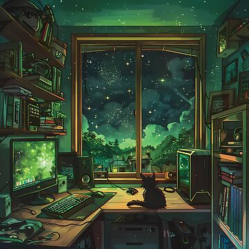 Aperçu de l'œuvre Lofi Gamer Room : design cosy avec plantes, chat Lofi, PC de jeu et livres de KWorldDesigns