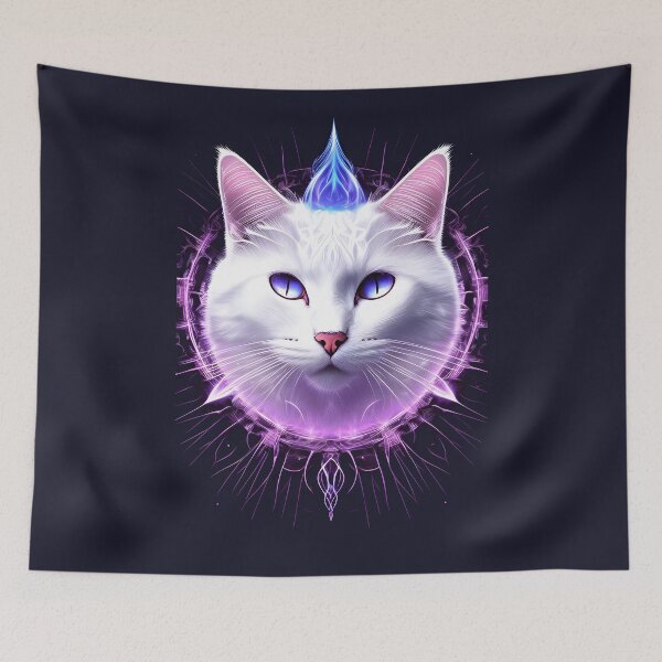 Item preview, White Cat face in flames and fractal designed and sold by cabana.space.