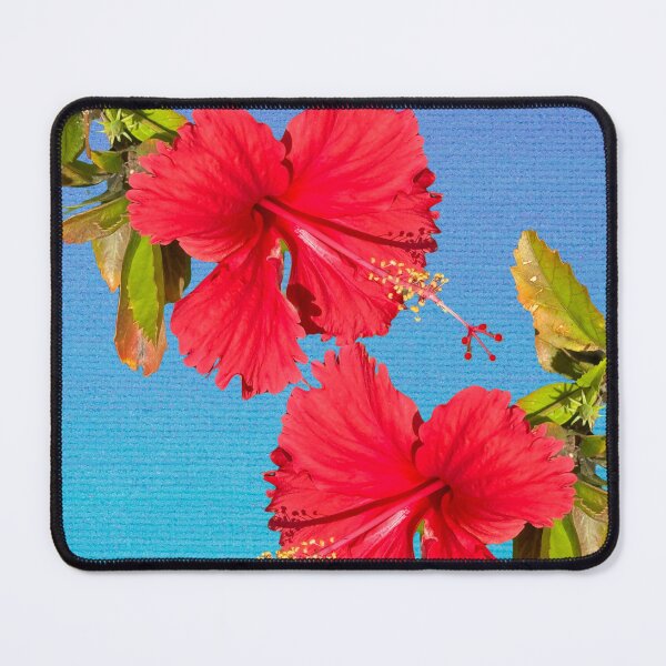 Item preview, Red Hibiscus blue background designed and sold by ColourfulNomad.