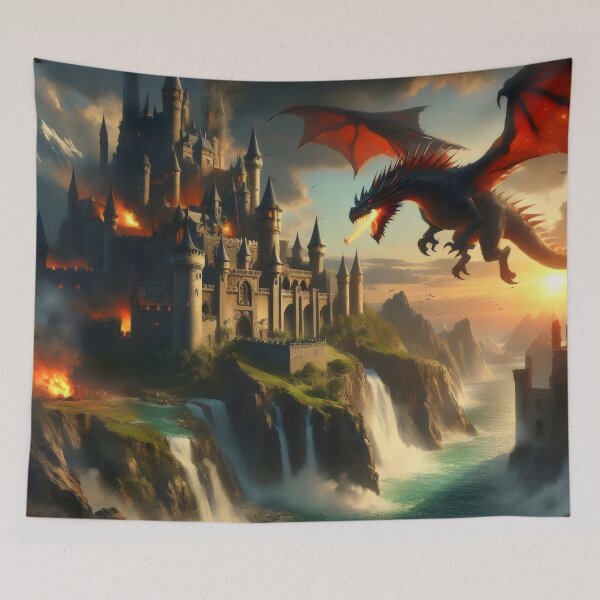 Item preview, Dragon attack on a large castle. designed and sold by MyHappyArtShop.