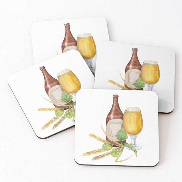 Item preview, Hand-drawn watercolor illustration bottle of beer with shaped glass of beer and hop and malt, beer festival, international beer day designed and sold by TanyaKremen.