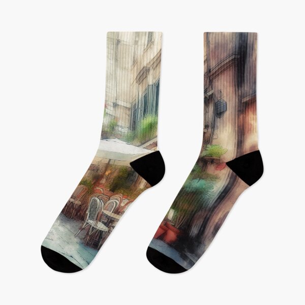 Item preview, Enchanted Watercolour Cafe Street at Dusk designed and sold by ArtComixHaven.