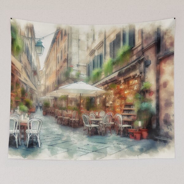Item preview, Enchanted Watercolour Cafe Street at Dusk designed and sold by ArtComixHaven.