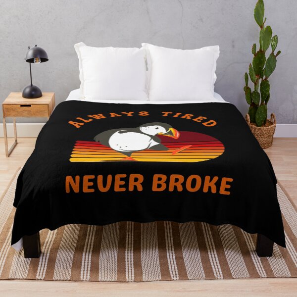 Item preview, ALWAYS TIRED NEVER BROKE FUNNY PUFFIN RETRO SUNSET designed and sold by BlueGoldArt.
