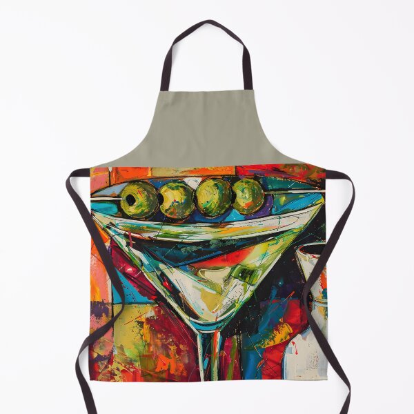 Aperçu de l'œuvre Dynamic Martini Splash - Olives, verre coloré et shaker sur toile abstraite Composition vive créée et vendue par OlfactoART Studio.