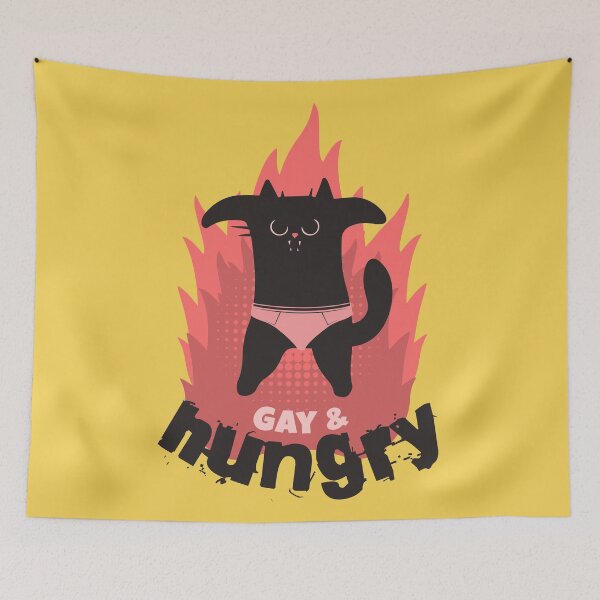 Item preview, Gay & Hungry, black cat on fire designed and sold by SillyShibas.