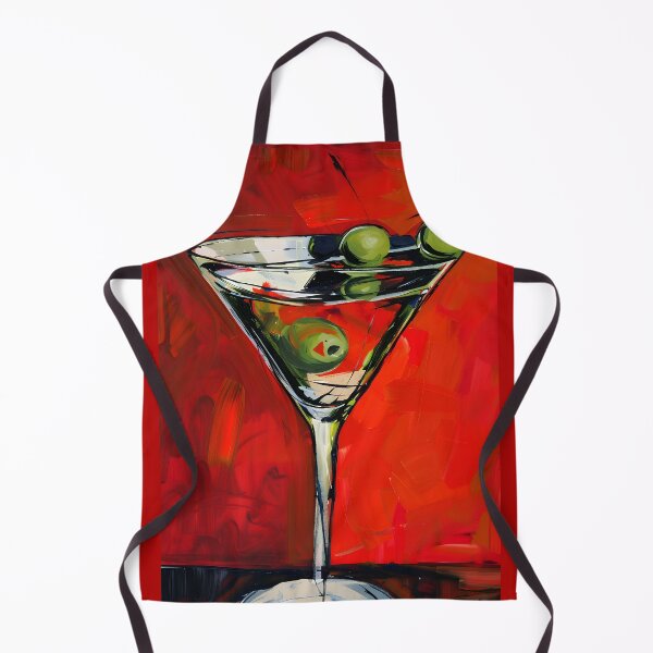 Aperçu de l'œuvre Energetic Martini Splash - Verre vibrant avec trois olives sur fond rouge abstrait Art généré par l'IA créée et vendue par OlfactoART Studio.
