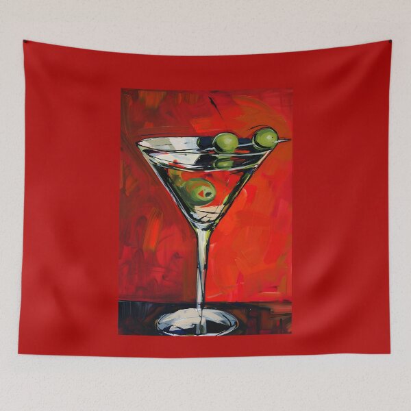 Item preview, Energetic Martini Splash- Vibrant Glass with Three Olives on Abstract Red Abstract AI Generated Art designed and sold by OlfactoART Studio.