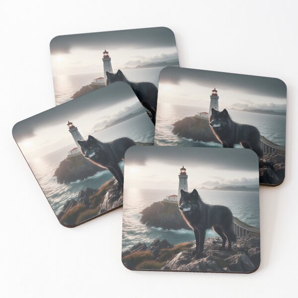 Item preview, A black wolf against the background of the sea at the lighthouse. designed and sold by ART-POD-PL.