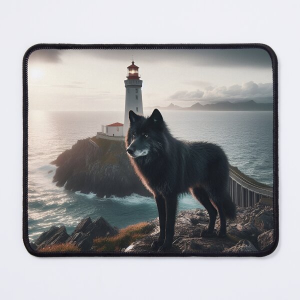 Item preview, A black wolf against the background of the sea at the lighthouse. designed and sold by ART-POD-PL.