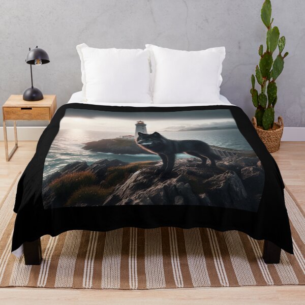 Item preview, A black wolf against the background of the sea at the lighthouse. designed and sold by ART-POD-PL.