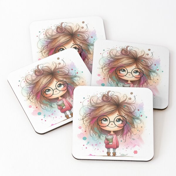 Item preview, Watercolour and Ink cartoon girl with messy hair holding a coffee cup, with glasses designed and sold by SallybySallyAnn.