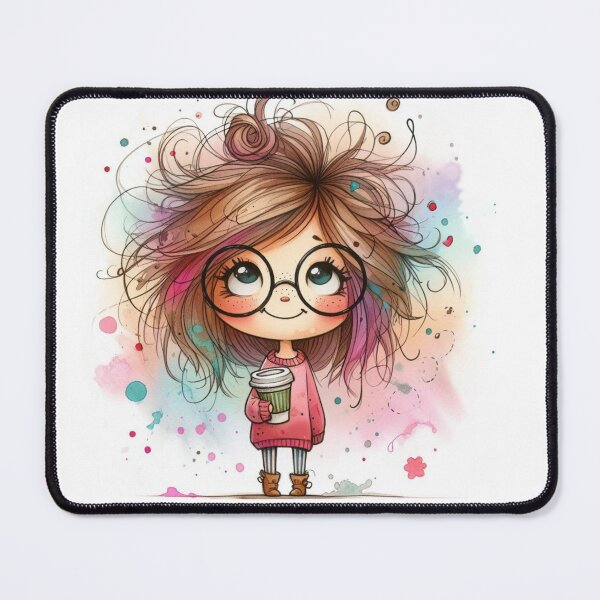 Item preview, Watercolour and Ink cartoon girl with messy hair holding a coffee cup, with glasses designed and sold by SallybySallyAnn.