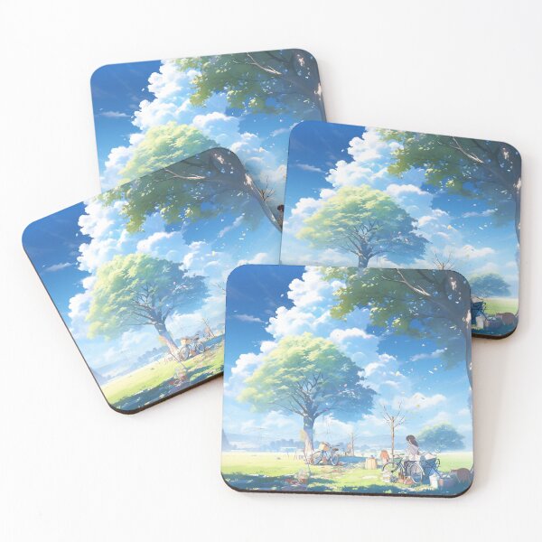 Item preview, A patch of grass with some dried brown leaves under the blue sky. People underneath the tree are having a picnic. designed and sold by HANGLEMAN.