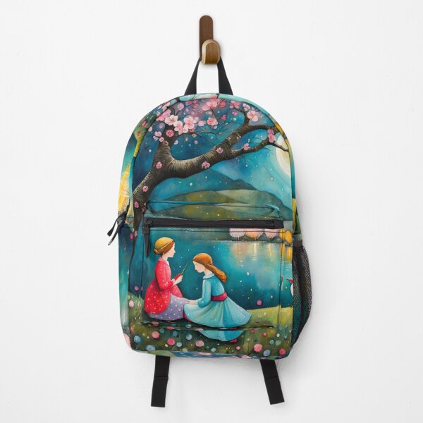 Item preview, Mother and Daughter Sitting Besides a River Under the Moon Shines Through Cherry Blossom - Whimsical Illustration, designed and sold by MyArt23.