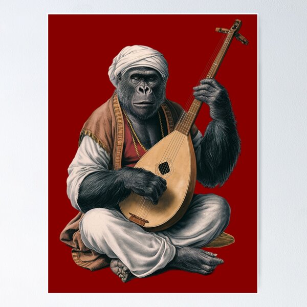 Item preview, Gorilla holdin a long stringed musical instrument designed and sold by 123ks.
