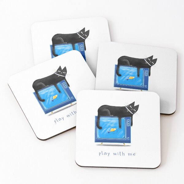 Item preview, Cartoon black cat with a TV and a fish on the screen and the inscription "Play with me" designed and sold by Makitsu Neko.