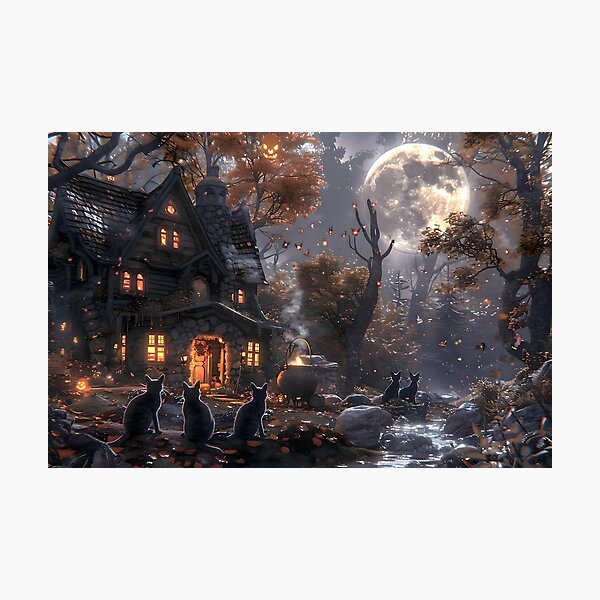 Item preview, Mysterious Haunted House with Black Cats under a Full Moon designed and sold by ZvekiVintage.