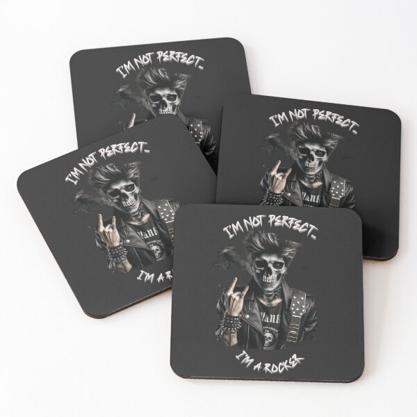 Item preview, Rock skeleton and electric guitar with the phrase: "I'm not perfect, I'm a rocker" designed and sold by StyleFused.