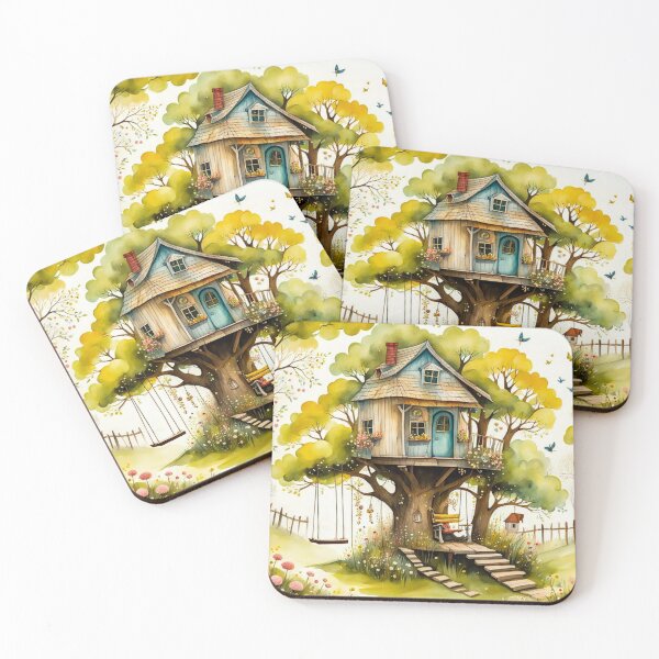 Item preview, The Hideout Cute Fantasy Multi-Story Wooden Tree House in the Meadow With Spring Flowers and Dandelions Garden - Whimsical Illustration designed and sold by MyArt23.