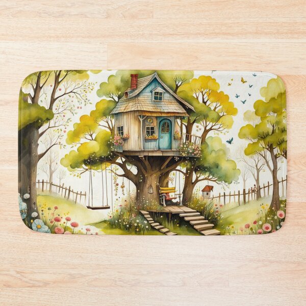 Item preview, The Hideout Cute Fantasy Multi-Story Wooden Tree House in the Meadow With Spring Flowers and Dandelions Garden - Whimsical Illustration designed and sold by MyArt23.