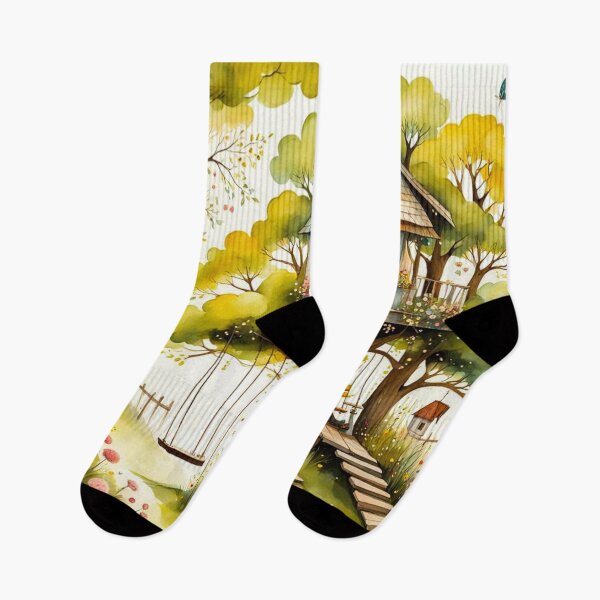 Item preview, The Hideout Cute Fantasy Multi-Story Wooden Tree House in the Meadow With Spring Flowers and Dandelions Garden - Whimsical Illustration designed and sold by MyArt23.