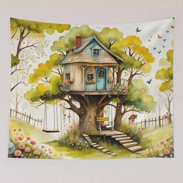 Item preview, The Hideout Cute Fantasy Multi-Story Wooden Tree House in the Meadow With Spring Flowers and Dandelions Garden - Whimsical Illustration designed and sold by MyArt23.
