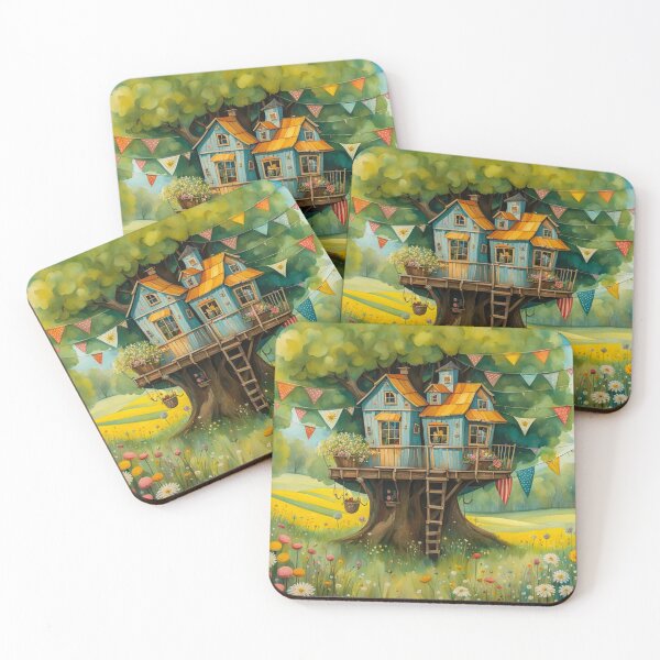 Item preview, The Hideout Cute Fantasy Wooden Tree House in the Meadow With Spring Flowers and Dandelions Garden - Whimsical Illustration designed and sold by MyArt23.