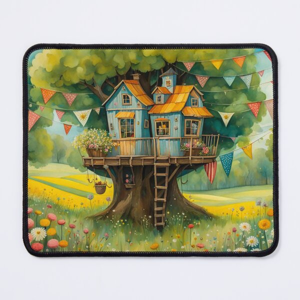 Item preview, The Hideout Cute Fantasy Wooden Tree House in the Meadow With Spring Flowers and Dandelions Garden - Whimsical Illustration designed and sold by MyArt23.