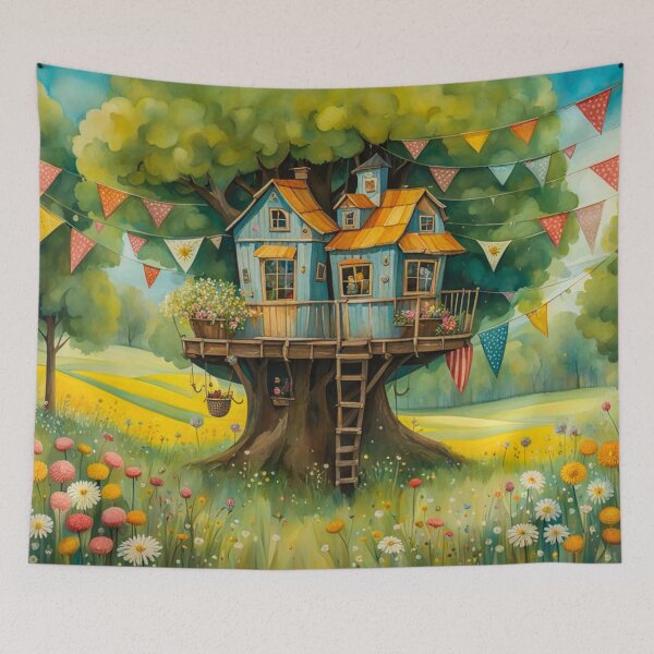 Item preview, The Hideout Cute Fantasy Wooden Tree House in the Meadow With Spring Flowers and Dandelions Garden - Whimsical Illustration designed and sold by MyArt23.
