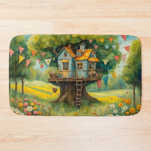 Item preview, The Hideout Cute Fantasy Wooden Tree House in the Meadow With Spring Flowers and Dandelions Garden - Whimsical Illustration designed and sold by MyArt23.