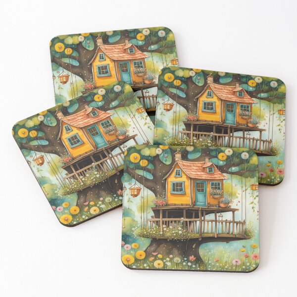 Item preview, The Hideout Cute Fantasy Wooden Tree House in the Meadow With Spring Flowers and Dandelions Garden - Whimsical Illustration designed and sold by MyArt23.