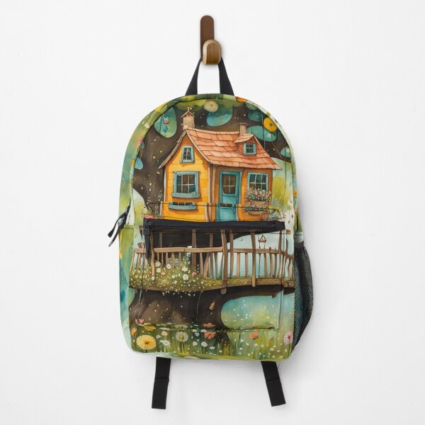 Item preview, The Hideout Cute Fantasy Wooden Tree House in the Meadow With Spring Flowers and Dandelions Garden - Whimsical Illustration designed and sold by MyArt23.